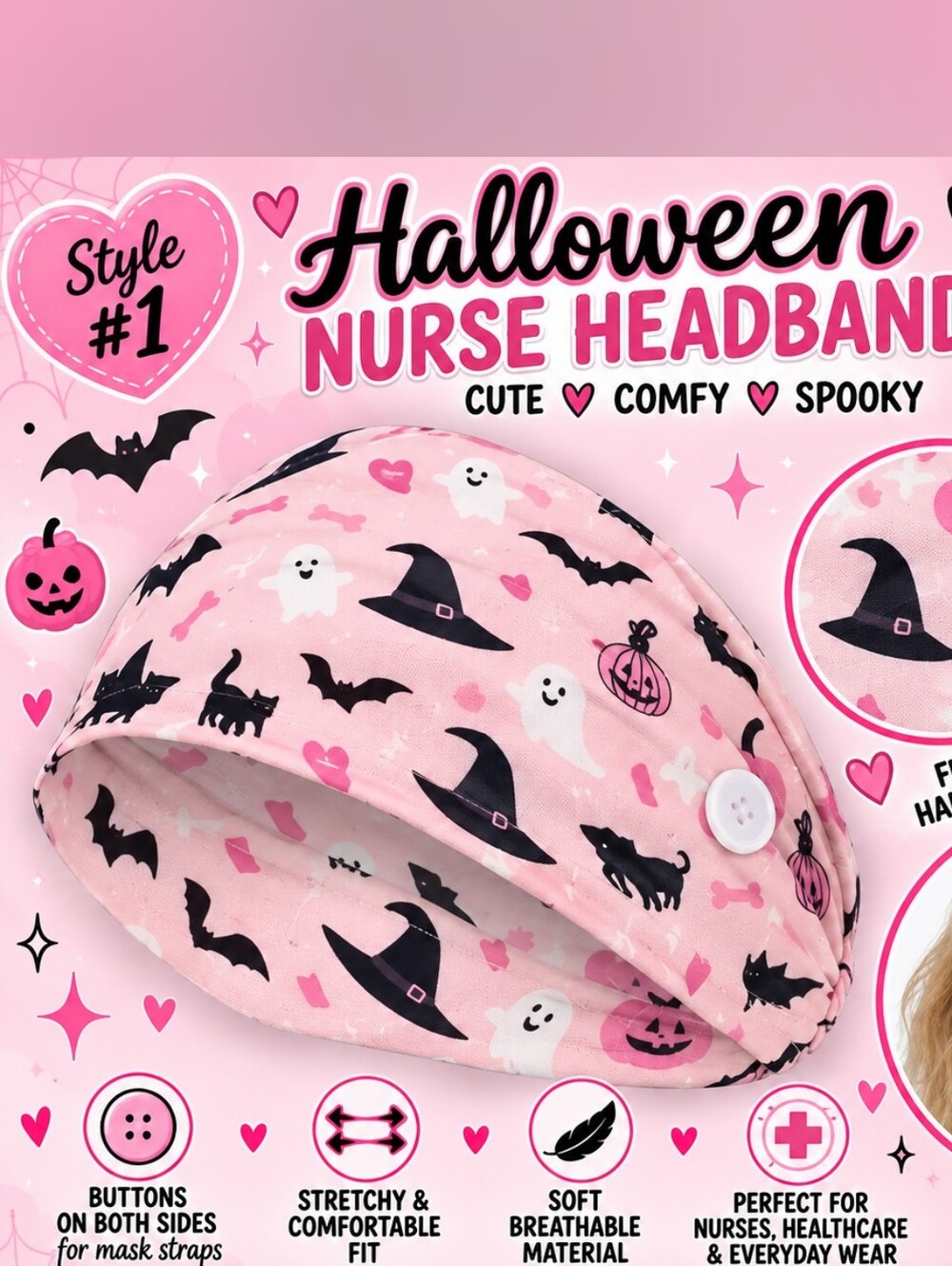 Halloween Nurse Headband - Pink Halloween Print
